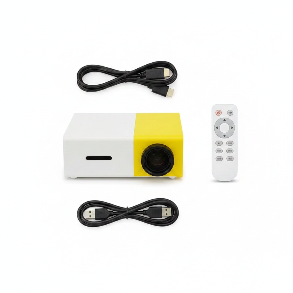 Mini proyector flat lay con accesorios