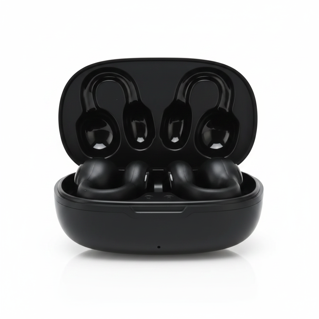 Audífonos inalámbricos Bluetooth con estuche de carga abierto - fondo blanco