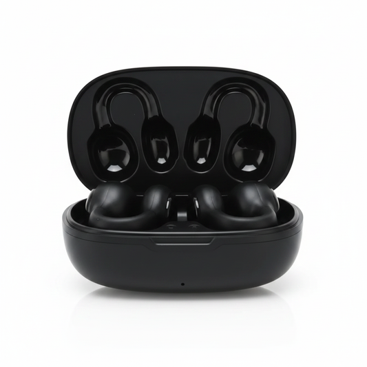 Audífonos inalámbricos Bluetooth con estuche de carga abierto - fondo blanco