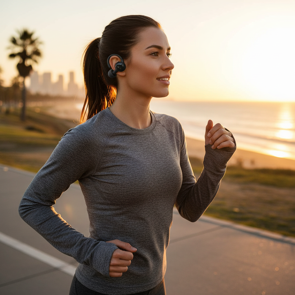 Persona usando audífonos inalámbricos Bluetooth haciendo ejercicio
